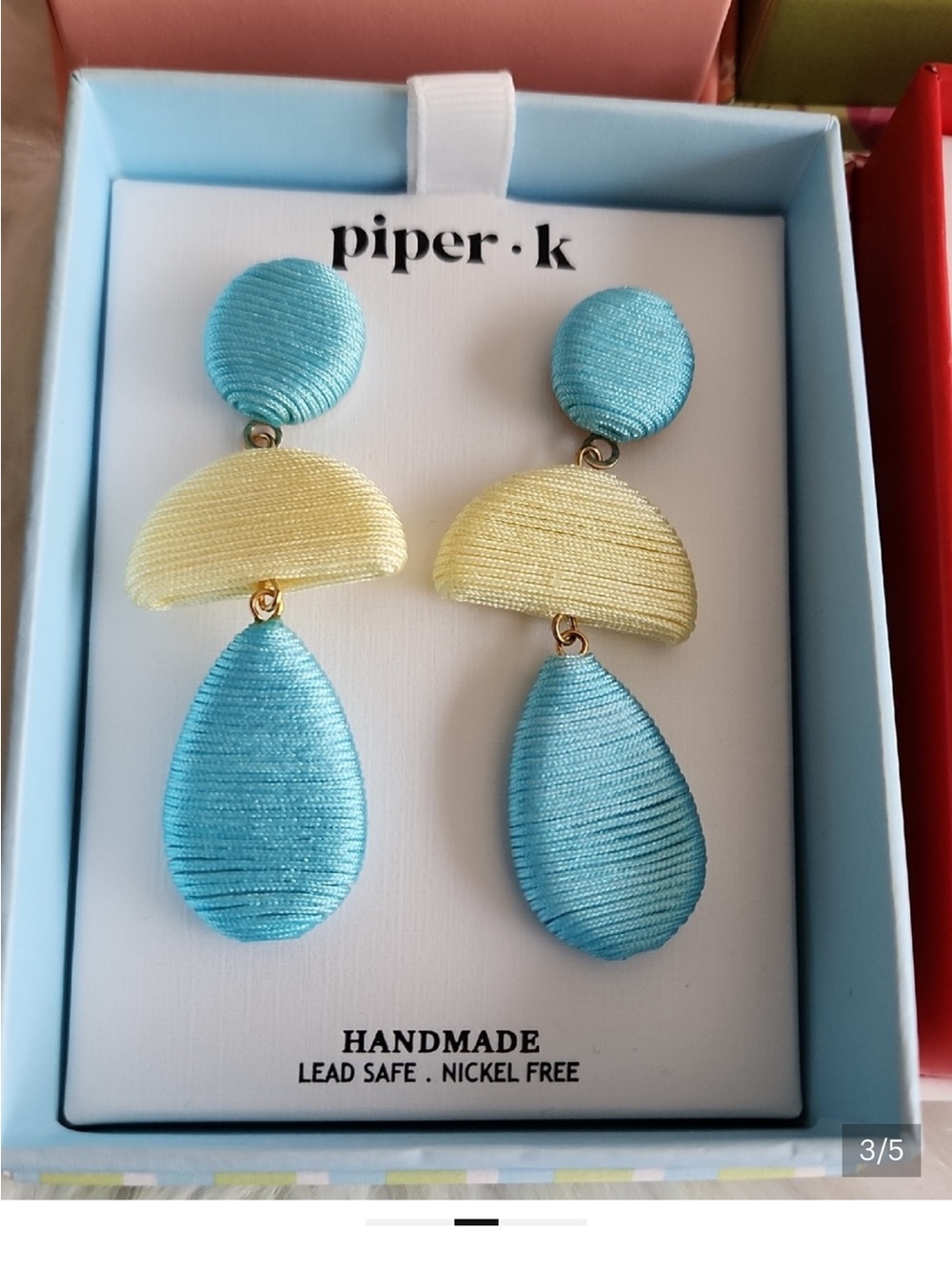 piper·k Blue and Pale Yellow Handmade Drop Earrings